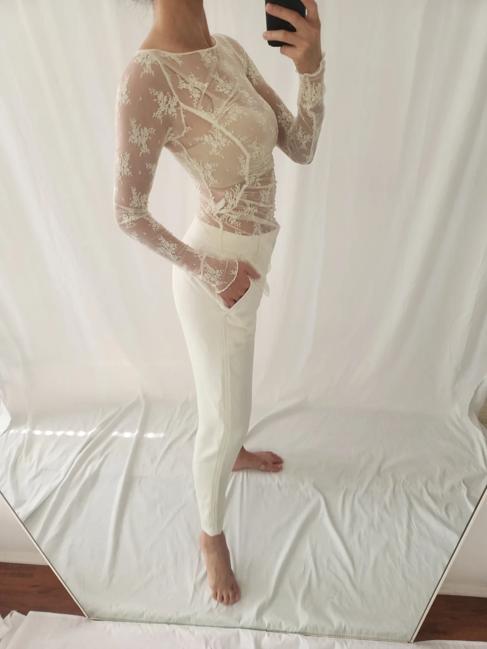 Free People Sheer Lace Long-Sleeve Top in Ivory
